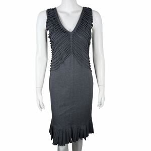 Knit Dress Sz 4 Knee Length Slashed Ribcage Skeleton Sliced Ladder Pleated Grey